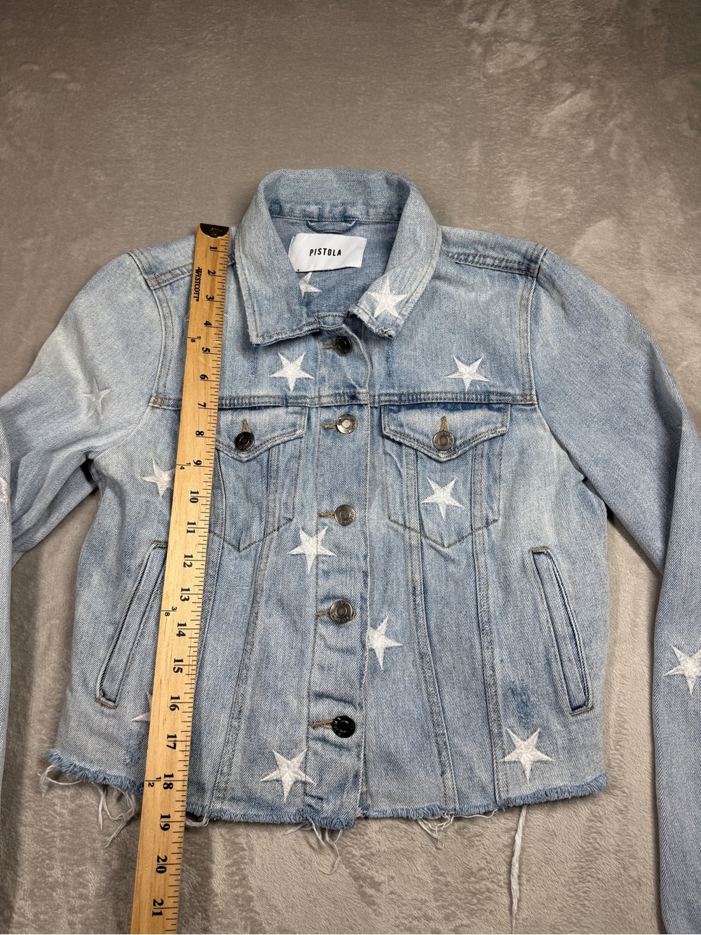 Pistola Brando Embroidered Star Distressed Cut Off Denim Blue Jean Jacket Small - Picture 7 of 15